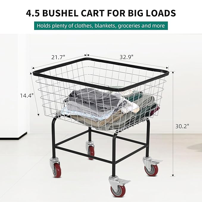 4.5-Bushel Rolling Laundry Cart with Wheels Durable Metal Wire Laundry Basket Heavy-Duty Large Steel Storage Basket with Galvanized Finish, for Commercial or Home Laundry Use