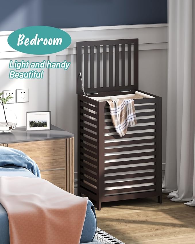 Laundry Hamper, 22.5 Gallon (85L) Bamboo Wood Clothes Laundry Basket with Lid and Handles, Removable Liner (Brown, Large)