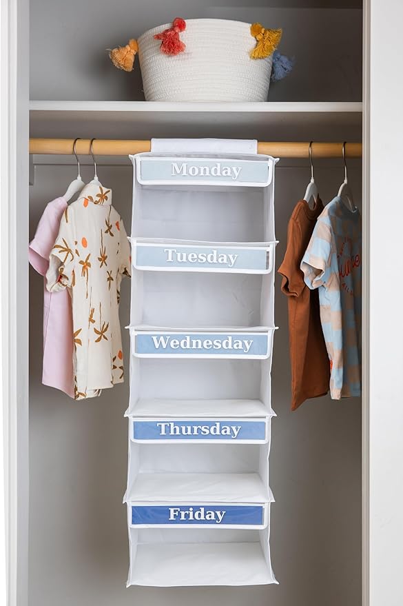 Weekly Clothes Organizer for Kids – 5 Shelf Hanging Closet Storage for School Outfits | Monday to Friday Daily Clothing Divider with Color Labels, 33" Durable Polyester