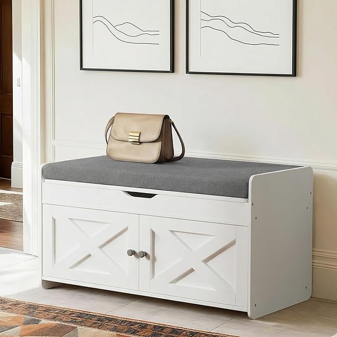 Amada Shoe Storage Bench with Cushioned Seat, 31.5" Small Entryway Bench with Lift Top Storage, Adjustable Shelves, 300 lb Capacity Shoe Bench for Entryway, Bedroom, Living Room, Classic White