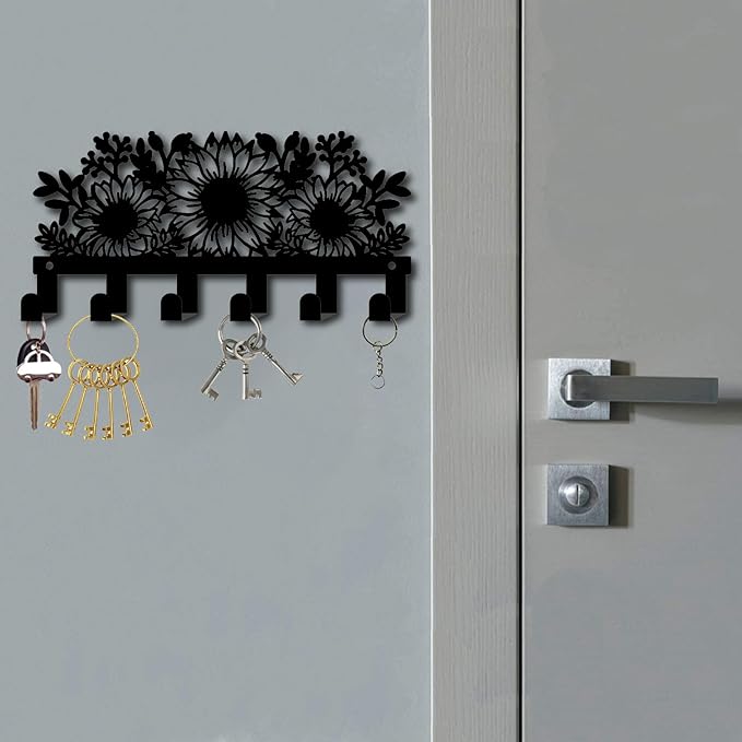 CREATCABIN Metal Sunflower Key Holder Rack Wall Mount Decorative Black Coat Organizer with 6 Hooks Flower Shaped Design Black Towel Hanger Rack Wall Art Decor for Entryway Room Bathroom 10.6x5 Inch