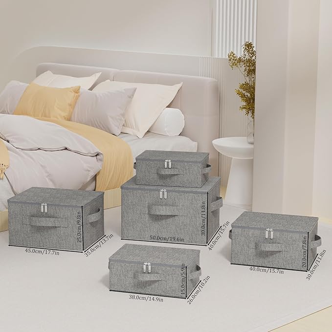 Blanket Bags with Lid, Foldable Underbed Storage Bins, Home Basket Container for Organizing Clothes, Shoes, Pillows, 14.9x10.2x5.9Inches, Grey, 1 Pack