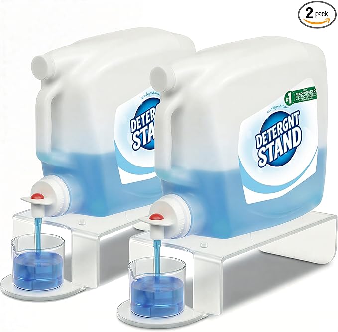 Liquid Laundry Detergent Dispenser Riser Organizer - 2 Pack Clear Acrylic Holder with Gravity Flow Base and Cap Station, Universal Fit Stand Keeps Bottles Stable and Clean, Easy Wipe Care