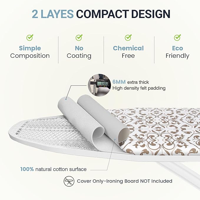 Ironing Board Cover and Pad 18"x54" Extra Thick Natural Cotton, Scorch and Stain Resistant Iron Board Cover,Extra Large Iron Board Cover with Fasteners Heavy Duty Heatproof Elastic Edge Taupe