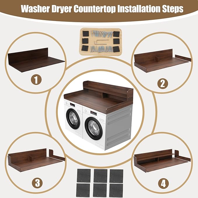 2-Tier Washer and Dryer Countertop, Wooden Washer Dryer Countertop, 27.5" Depth X 54" Laundry Countertop Over Washer and Dryer for Folding Clothes Over Washer and Dryer (Dark Walnut)