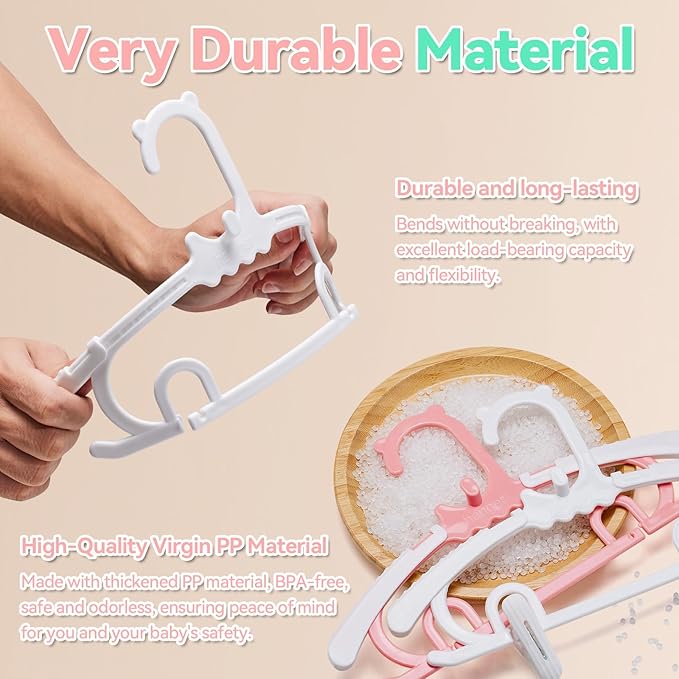 30 Pack Baby Hangers,with 16 Detachable Clips Adjustable 11.14"-15.55", Stackable Kids Closet Hangers, Two Bottom Grooves for Secure Clip Placement.Fits Newborns,Toddlers, Children & Teens(Pink)