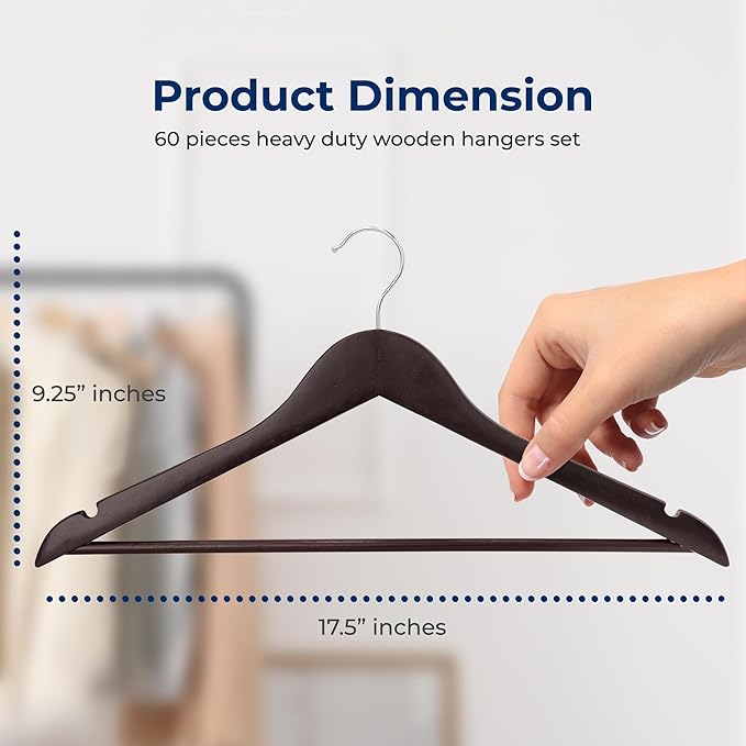 SereneLife Wooden Clothes Hangers 60 Pack, Brown Wood Coat Hangers, Non-Slip Shoulder Grooves & Notches, 360° Swivel Chrome Hook, Space-Saving for Suits & Jackets, Closet Organizer - Home Essentials