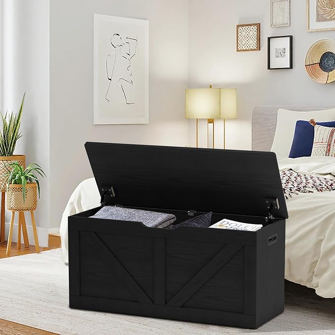 39.4" Storage Chest, Wooden Storage Bench, Large Storage Trunk with 2 Safety Hinges, Entryway Shoes Bench for Living Room, Bedroom, Black