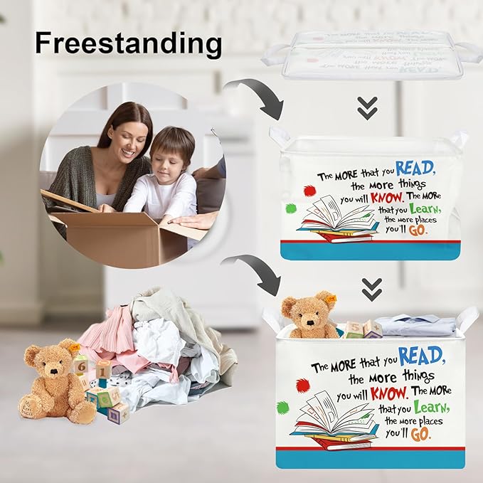 Clastyle Collapsible Back to School Reading Book Storage Basket Dr Quotes Book Organizer for Nursery Room Classroom Library Rectangle Kindergarten Daycare Clothes Toys Storage Bin