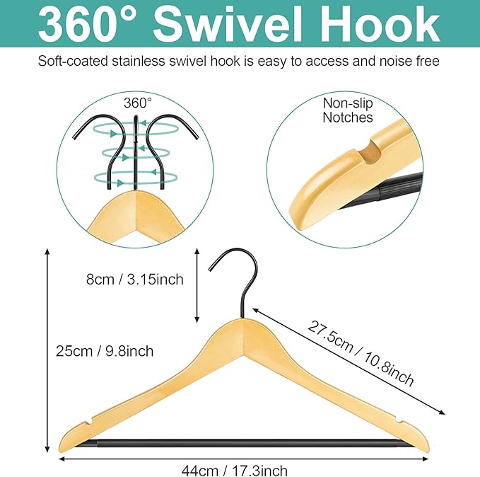 Premium Quality Solid Wood Clothes Hangers for Suits and Coats, Smooth Finishes, Non-Slip Pants Bar, 360° Swivel Soft Coated Hooks. Pack of 20(Clear Natural)