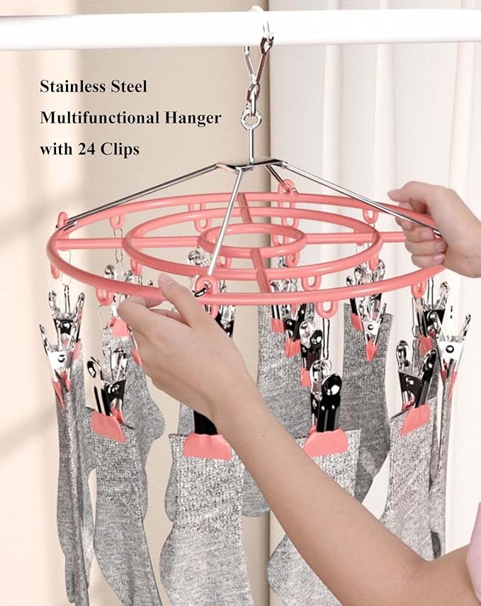 Stainless Steel Clothes Sock Drying Rack with 24 Clips, Swivel Hook Windproof Clothes Hanger Rack for Sock, Bras, Towel, Underwear, Laundry Clothes, Hat, Scarf, Pants, Gloves (Pink Clips)