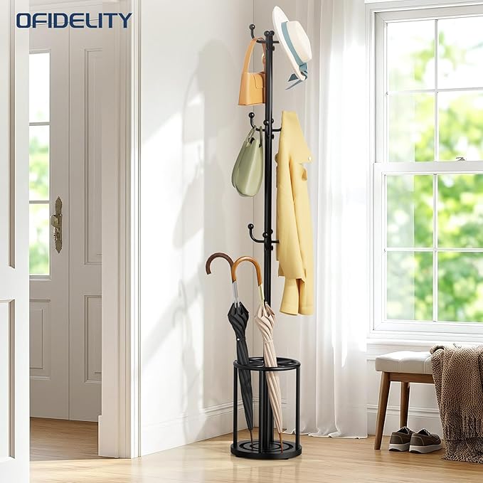 Coat Rack Freestanding, Black Coat Rack with Umbrella Holder, standing hat rack umbrella stand for entryway, coat hanger stand with 12 Hooks, office coat tree for Hat, Umbrella, jacket, Bag, Clothes