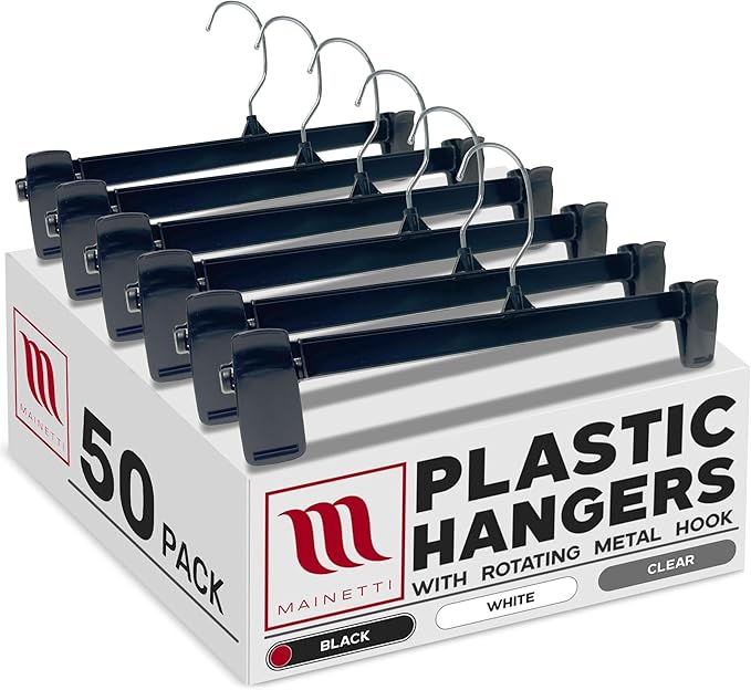 Mainetti Black Plastic Clothes Hangers 50 Pack | 12-Inch Space Saving Hangers with 360 Swivel Metal Hook & Non-Slip Clips | Closet Hangers Ideal for Pants, Skirts, Slacks and Shorts (6012BRSEMN50)