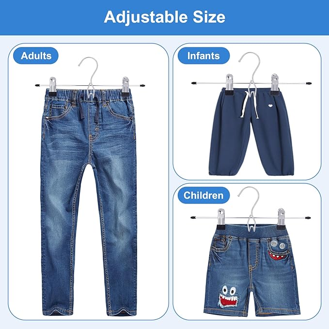 24PCS Pants Hangers with Clips, Heavy Duty Adjustable Space Saving Skirt Clips Stackable Non-Slip Metal Hanging Closet Organizer College Dorm Apartment Room Essentials for Shorts Jeans Trousers