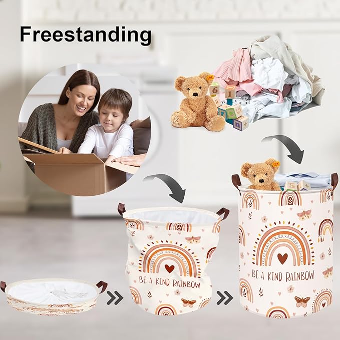 Clastyle 45L Boho Rainbow Laundry Hamper with Handle Drawstring Waterproof Butterfly Flowers Pink Laundry Basket Round Clothes Toys Heart Basket for Nursery Room