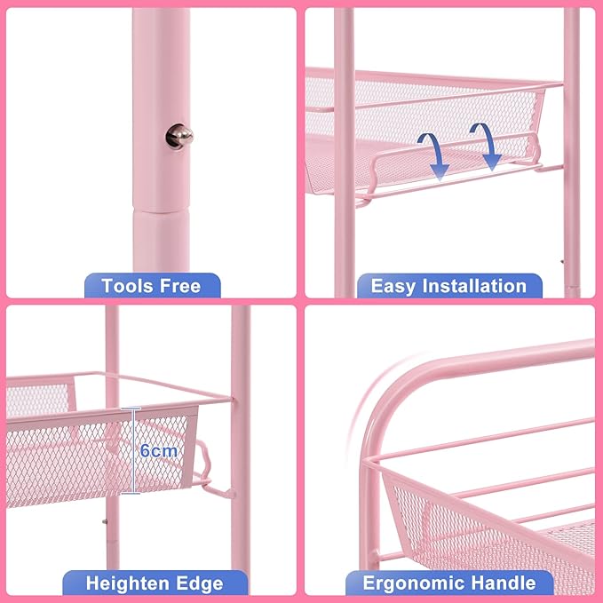 TOOLF 4 Tier Rolling Utility Cart - Durable Metal Design Pink Utility Cart, Storage Trolley on Wheels with 3 Hooks, Perfect for Kitchen, Bathroom & Laundry Room Organization