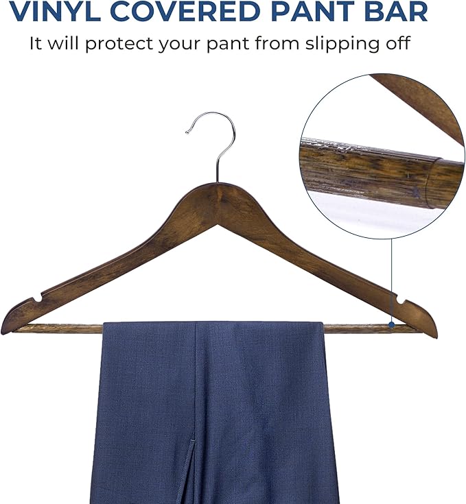 JS Hanger Wooden Coat Hangers, 20 Pack High Grade Wood Suit Hangers with Non Slip Pant Bar - Extra Smooth and Splinter Free Retro Finish
