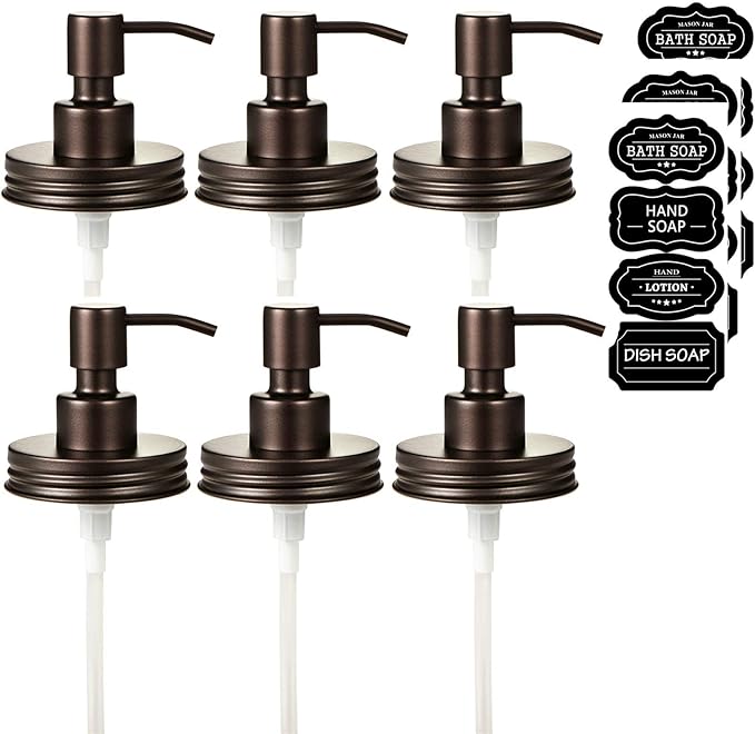 Amolliar Mason Jar Liquid Soap Dispenser Lid, 304 Stainless Steel Pump Lid for 16oz Regular Mouth Mason Jar, Rustic Farmhouse Decor, Hand Soap, Dish Soap, Lotion Soap, Bronze 6Pack, Extra 3 Long Tubes