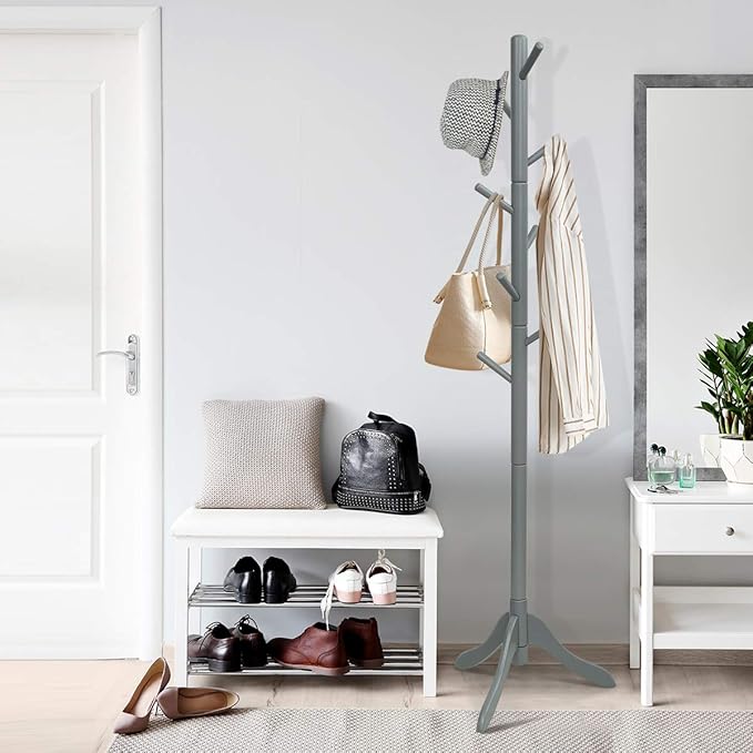 GOFLAME Coat Rack Freestanding, Wooden Entryway Coat Tree Hanger with 8 Hooks and 4 Sections, Height Adjustable Coat Stand for Home Office Hallway Entryway (Grey)