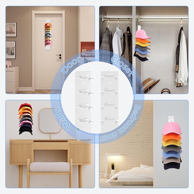 Hat Organizer for Baseball Caps, 2 Pack Transparent Hat Rack for Wall Hold up to 18 Hats Strong Adhesive Hat Hooks Stand Hat Hanger Organizer Storage Holder Display for Door Closet