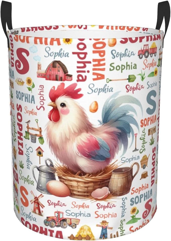Personalized Farm Chicken Laundry Basket For Baby Kids Boys Girls Adult Custom Hamper Basket With Name For Bathroom Bedrooms Collapsible Baby Laundry Basket, Dirty Clothes Hamper With Handles