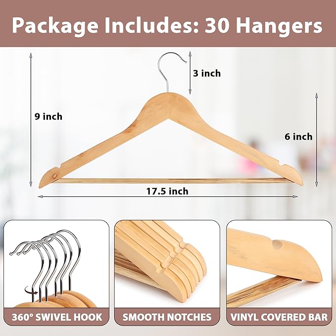 Wooden Hangers Premium Natural Bamboo Wood Hanger Well Polished Ergonomic Design & Sharply Cut Notches with Swivel Hook (Light Brown, Pack of 20)
