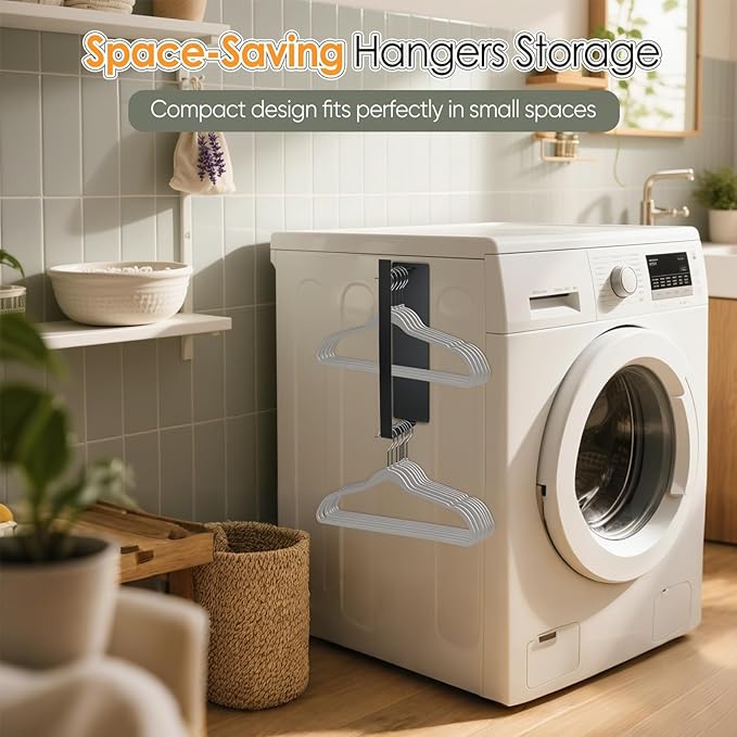 Magnetic Hanger Organizer, Strong Magnetic Hanger Holder for Washing Machine Laundry Room Organization Space Saving Hangers Storage Rack Stacker, Black