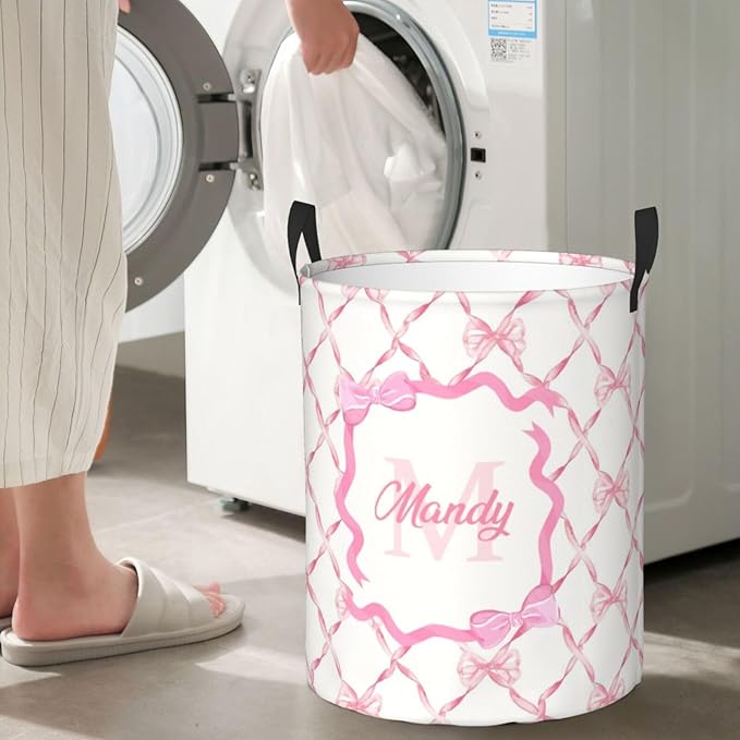 Personalized Laundry Basket for Nursery, Custom Nursery Laundry Hamper with Name, Customize Baby Clothes Circular Hamper for Boys Girls Room Decor, Pink Bow