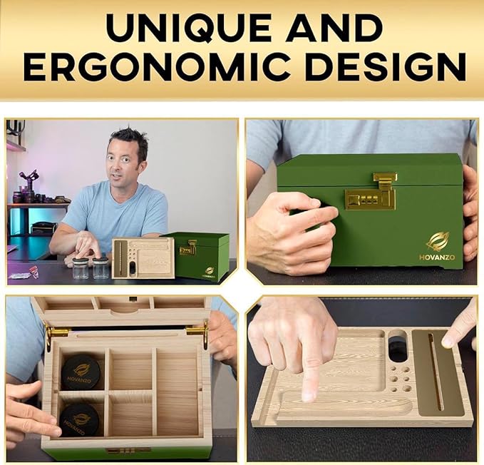 HOVANZO Premium Large Bamboo Storage Box with Removable Tray - Storage Wood Box for Herbs and Accessories - Storage Box Set with Combination Lock - Smell Proof Container with Accessories
