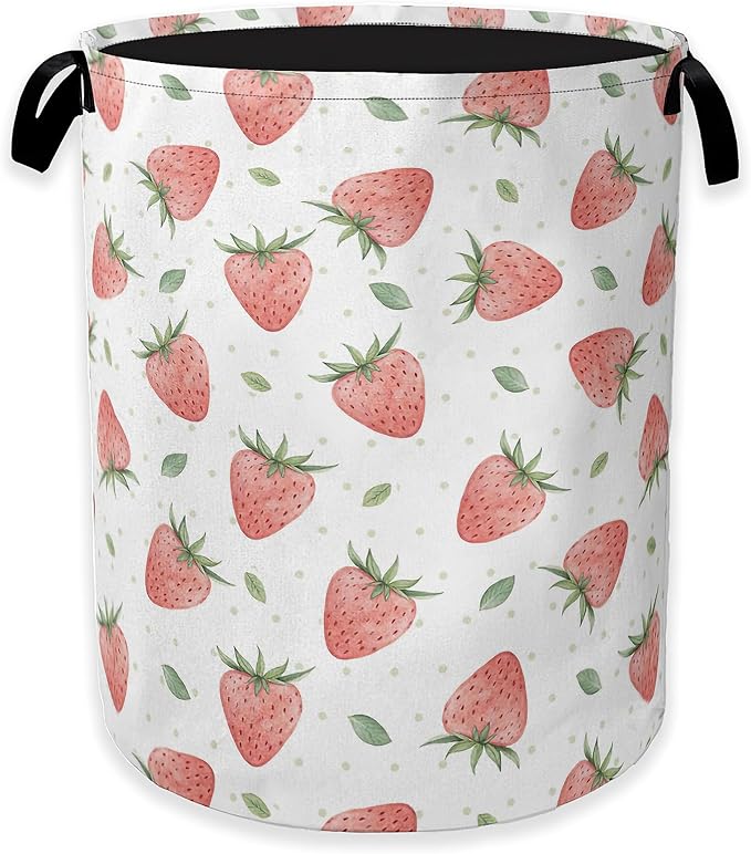 Watercolor Pink Strawberry Laundry Hamper,Green Leaves Collapsible Laundry Baskets,Waterproof Oxford Cloth Laundry Room Organization for Bedroom,Bathroom,Nursery,16x20 Inch