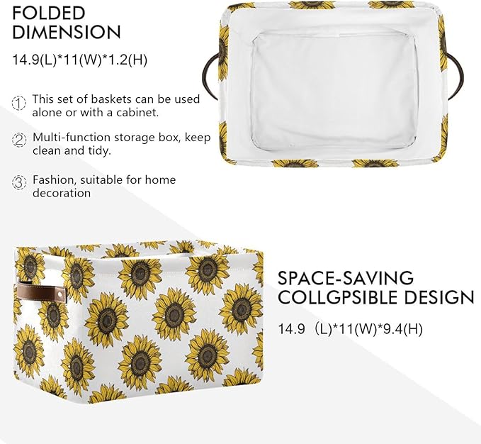 Foldable Storage Baskets Set of 2, Meadow Sunflower Storage Bins with Handles, Decorative Cloth Organizer Storage Boxes for Home|Office 15 x 11 x 9.5 in