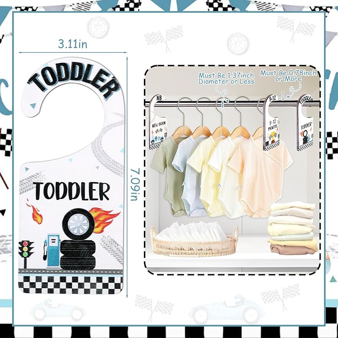 Baby Closet Dividers 8PCS, Racing/Race Car Theme Wooden Double-Sided Clothes Size Hanger Organizer from Newborn to Toddler for Nursery Decor Baby Shower Birthday Gift (Includes Gift Box)