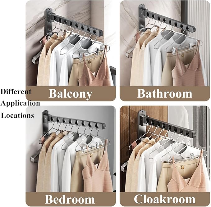 2 Pack Stainless Steel Clothes Hanger Drying Racks, Wall Mount Folding Garment Racks, Black Coat Hanger Racks, Space Saver Clothing Closet Rack Storage Organizer for Laundry Bedroom Bathroom(15.75 in)