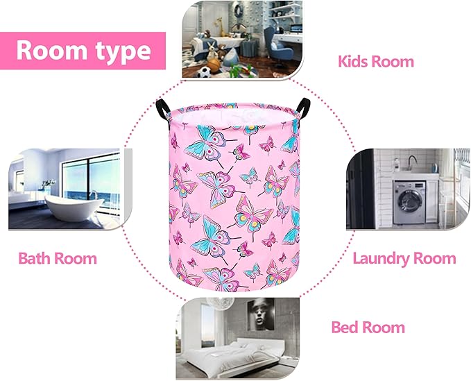 Round Pink Butterfly Laundry Basket Storage Bins Nursery Hamper Gift Baskets for Home,Office,Home Decor