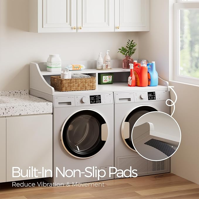 2-Tier Washer Dryer Topper, 54" x 27.6" Washer Dryer Countertop with Non-Slip Mat, Laundry Room Organizer with Storage Shelf for Folding & Sorting Clothes,White