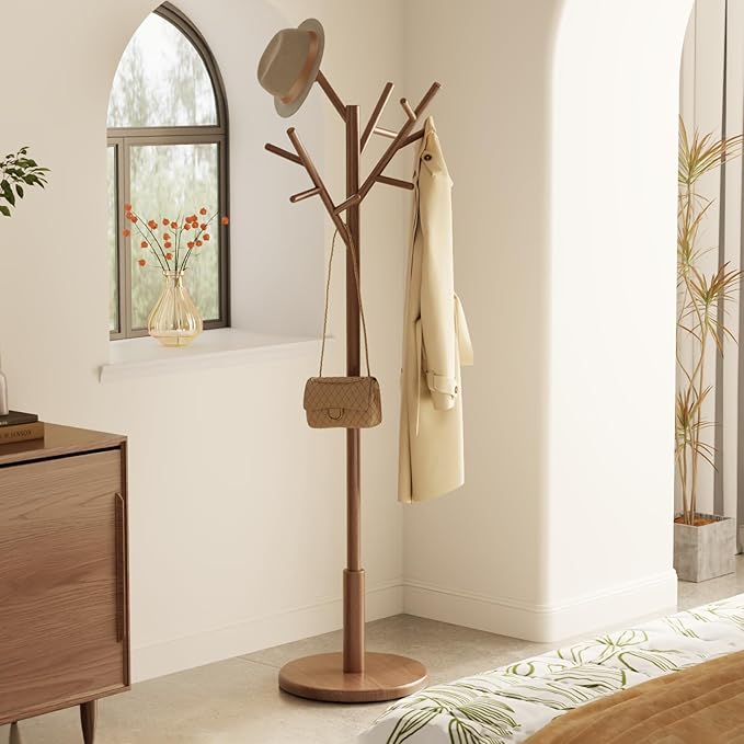 Coat Rack,Solid Wood Coat Rack Freestanding with 12 Hooks,Coat tree freestanding 3 Adjustable Heights for coat, Hats, Handbags，Coat Stand for Entryway,Bedroom (Walnut)
