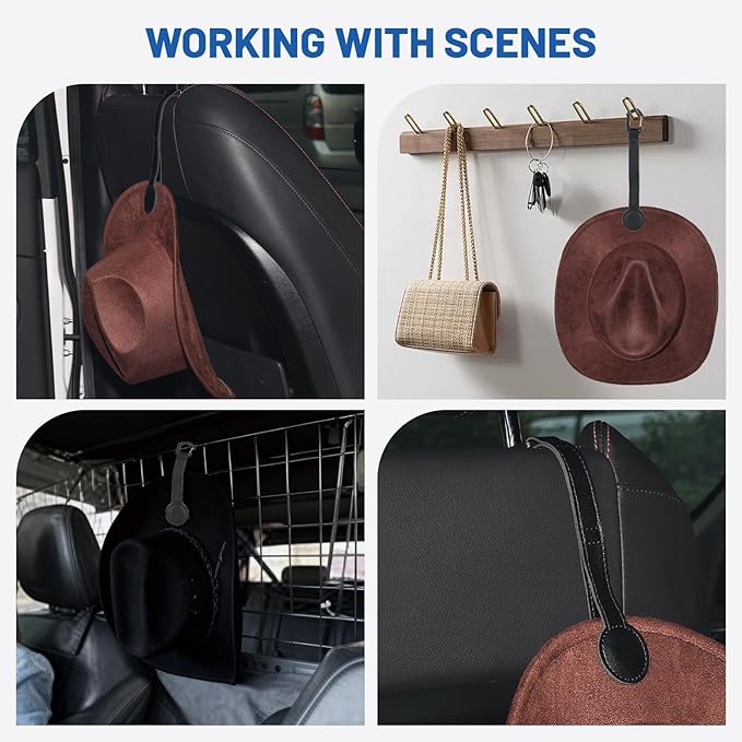 Magnetic Cowboy Hat Holder for Truck & Car – Leather Headrest Hanger Rack, Universal Hat Mount Organizer for SUV, Jeep & Western Vehicle Accessories, Strong Magnet Hat Keeper (Black, 2 Pack)