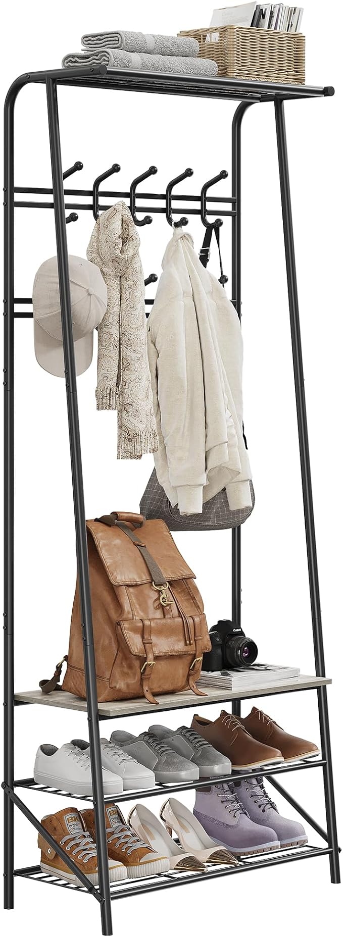 Coat Rack Shoe Bench with Double-Row 10 Hooks 60cm Width, 3-Tier Shelf Entryway Hall Tree with Storage, Metal Frame Multifunctional Organizer, 4-in-1 Coat Rack for Bathroom, Hallway.Grey.