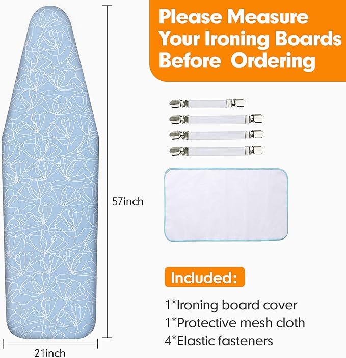 Ironing Board Cover and Pad, 21x54 Extra Large Thick Iron Padding, Scorch & Stain Resistant Ironing board cover, Heavy Duty Iron Board Padded with Adjustable Fasteners Durable Elastic Edge, Sky Blue