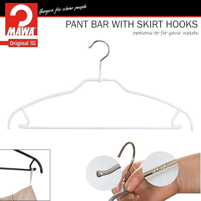 Mawa by Reston Lloyd Silhouette Ultra-Thin Series, Non-Slip Space Saving Shirt Hanger with Pant Bar & Skirt Hooks, Style 42/FTU, Pack of 130, White