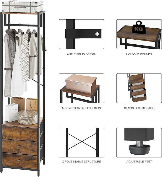 YMYNY Garment Rack, Clothes Rack with Drawers, Freestanding Tall Closet Organizer with 3 Fabric Drawers, Clothes Stand for Hanging Shirts, Coat,15.35" L×11.41" W×70.47" H, Rustic Brown UHGR001H