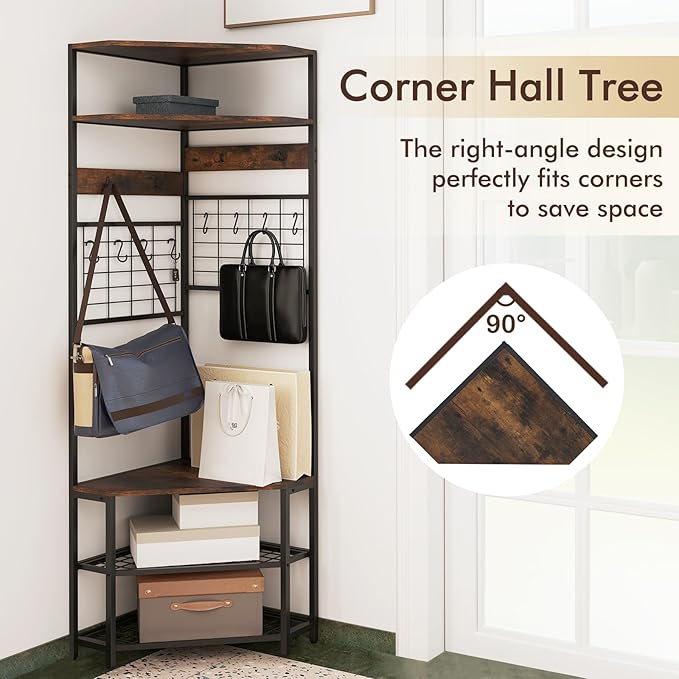 Giantex Corner Hall Tree, 73" Tall Coat Rack w/Shoe Storage Bench, 12 Metal Hooks, 5-Tier Entryway Shoes Shelf Organizer, Freestanding Clothes Rack for Living Room, Bedroom (Rustic Brown & Black)