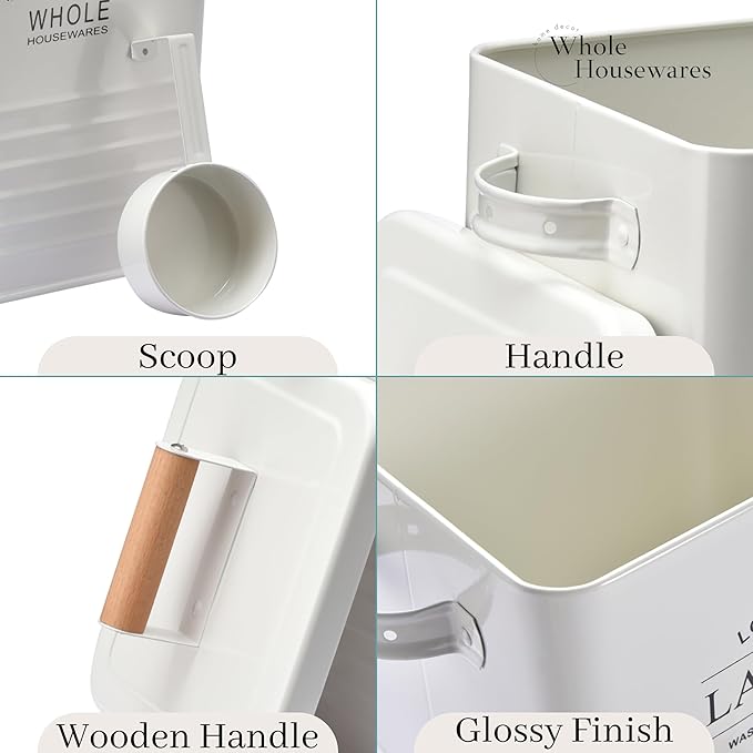 Whole Housewares Laundry Detergent Container - Tin Farmhouse Metal Laundry Powder Soap Dispenser With Scooper, Airtight Lid And Handles - Vintage Soap Pod Holder Storage Bin With Lid And Scent Holders