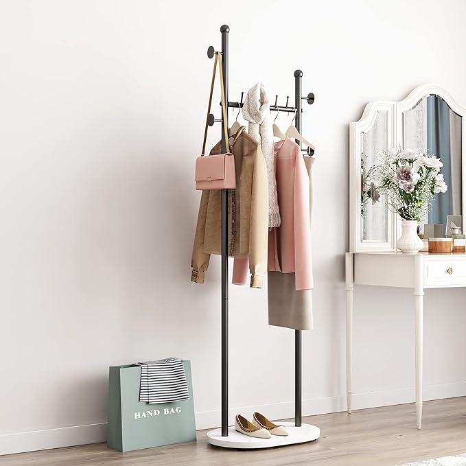 Black Clothing Rack With Shelves, Modern Coat Rack Freestanding with Marble Base, Hat Tree Coat Rack Standing Clothes Racks for Boutique，Bedroom