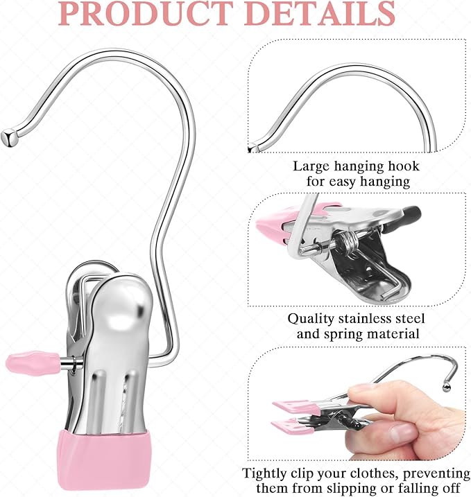 150 Pcs Boot Hangers Clips Laundry Hooks Hanging Stainless Steel Clothes Pins Portable Clip Hangers for Closet Travel Socks Pants Handbags Hats Towels (Pink)