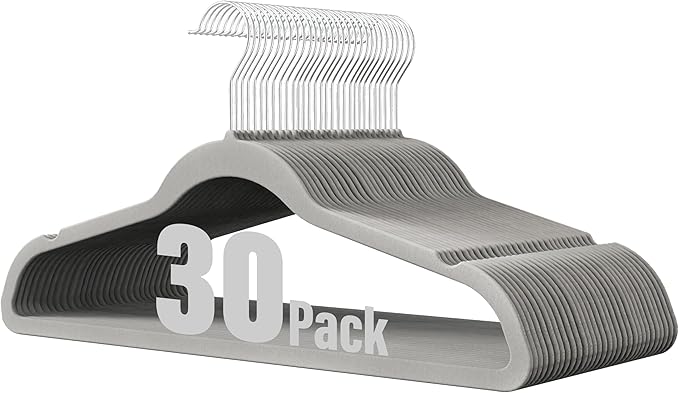 HealSmart 30 Pack Heavy Duty Velvet Hangers, Non-Slip Flocked Felt Hangers with Shoulder Notches, Hangers for Coats, Pants and Dress Clothes, Grey