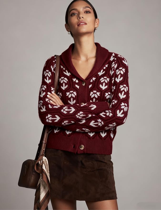 Women Floral Cropped Cardigan Sweaters Shawl Collar Long Sleeve Button Down Knit Jacket Flower Print Knitwear