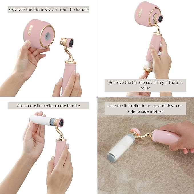 SALAV® Retro Edition 2-in-1 Rechargeable Fabric Shaver and Lint Roller, 6-Blade System, Removes Fuzz and Pilling on Fabrics, Includes Charging Cable (Rose)