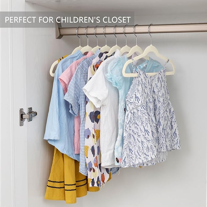 MIZGI Kids Velvet Hangers,Non-Slip Big Kids Hangers,14 Inch Hangers for Youth,Teen Clothes,Pack of 50（Ivory/Silver）