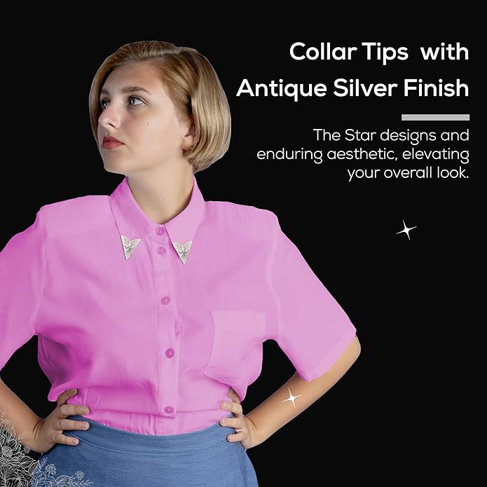 Antique Silver Finish Western Collar Tips | Star Design | Collar Shirt Tips Attaching Screws for Men & Women | Pair of 1